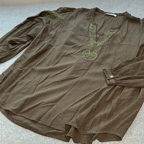 Lucky Brand Embroidered Top Womens XL Boho Olive Green Longsleeve Viscose - Picture 11 of 12